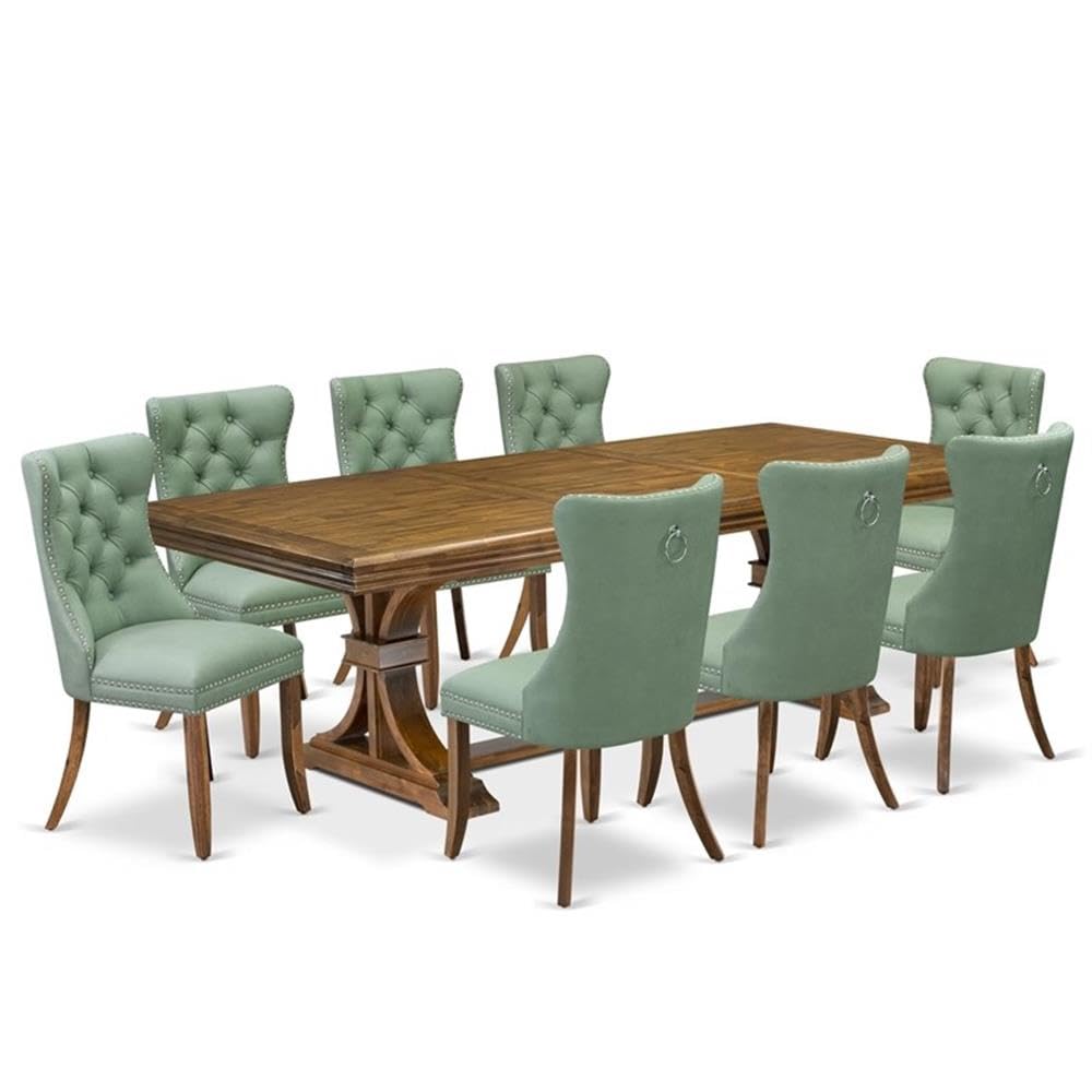 9-Piece Acacia Wood Dining Table Set with Green Faux Leather Chairs U4021