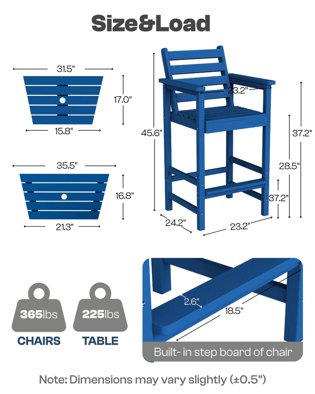 Tall Adirondack Chairs Set of 2, Bar Height HDPE Outdoor Chairs with Connecting Tray & Umbrella Hole, Navy Blue O819188