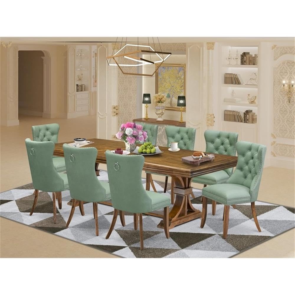 9-Piece Acacia Wood Dining Table Set with Green Faux Leather Chairs U4021