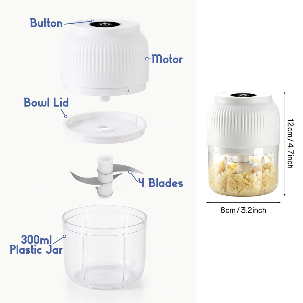 Electric Garlic Chopper, Mini Food Processor, Portable Cordless Garlic Mincer with 4 Stainless Steel Blades, Blue, 300ML G652615