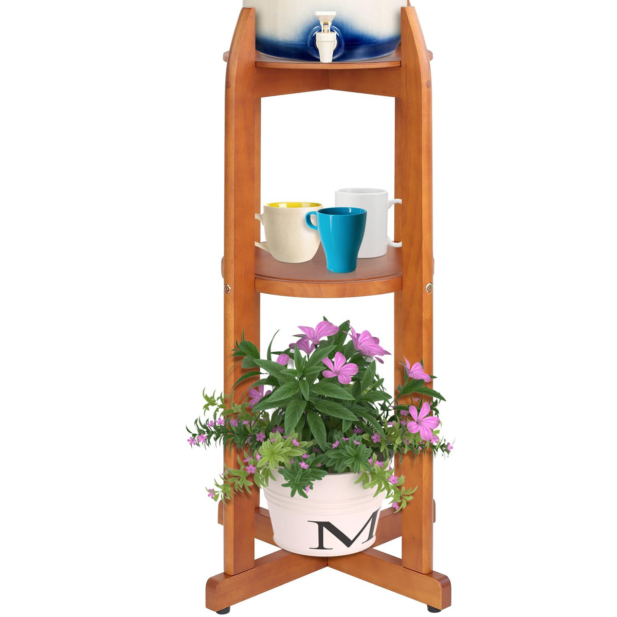 Solid Wood Water Dispenser Floor Stand with 2 Round Shelfs L27371
