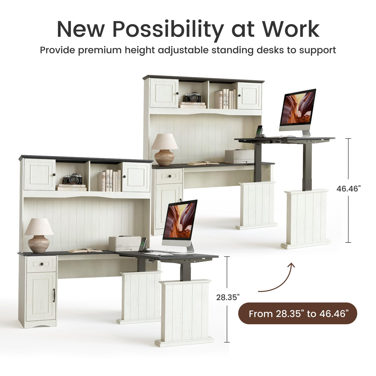 L Shaped Electric Standing Desk with Hutch and Drawers, Antique White V8426