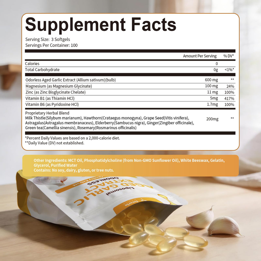 Odorless Aged Garlic Extract Capsules with Magnesium, Zinc, Vitamin B, 300 Softgels E615716