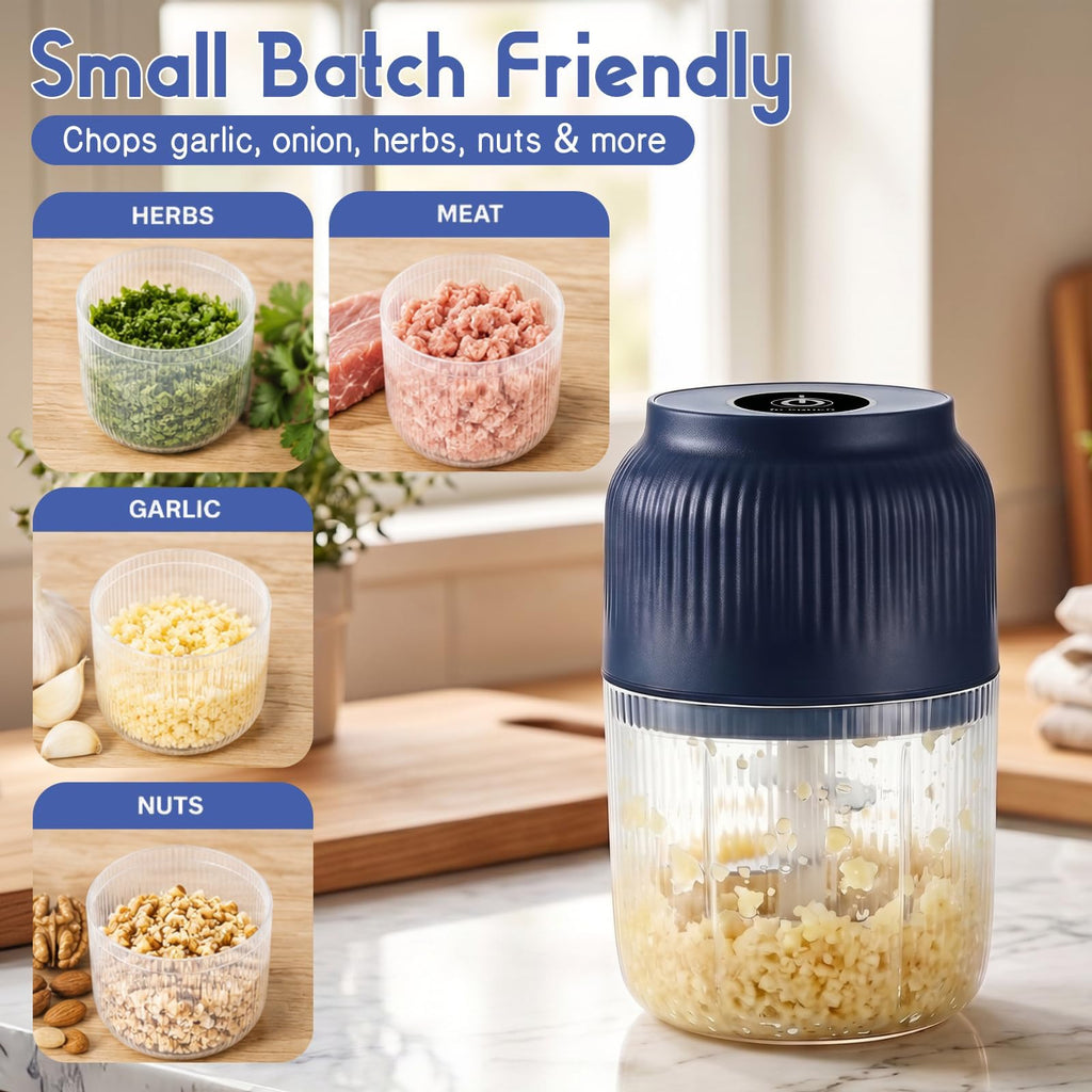 Electric Garlic Chopper, Mini Food Processor, Portable Cordless Garlic Mincer with 4 Stainless Steel Blades, Blue, 300ML G652615