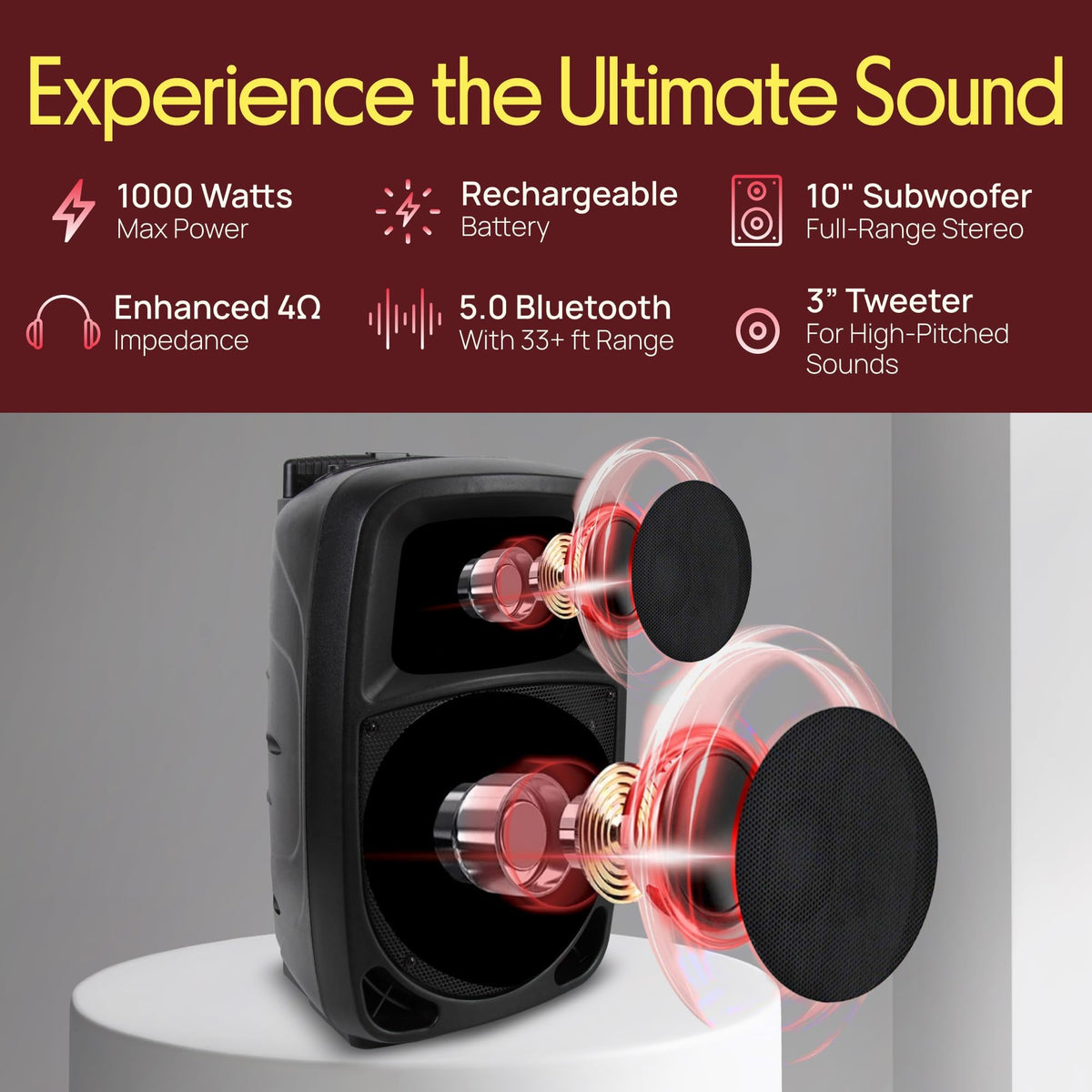 1000W Portable Bluetooth PA Speaker with 10'' Subwoofer and Wireless Mic A152