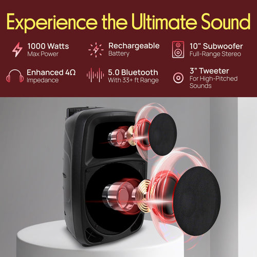 1000W Portable Bluetooth PA Speaker with 10'' Subwoofer and Wireless Mic A152
