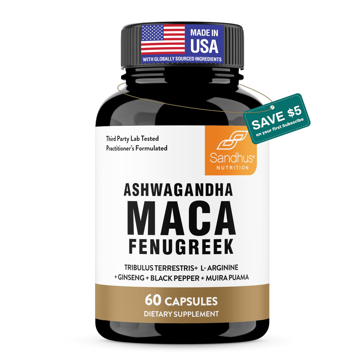 Maca Root Fenugreek Ashwagandha L-Arginine Ginseng Muira Puama Herbal Supplement 60 Capsules W33284