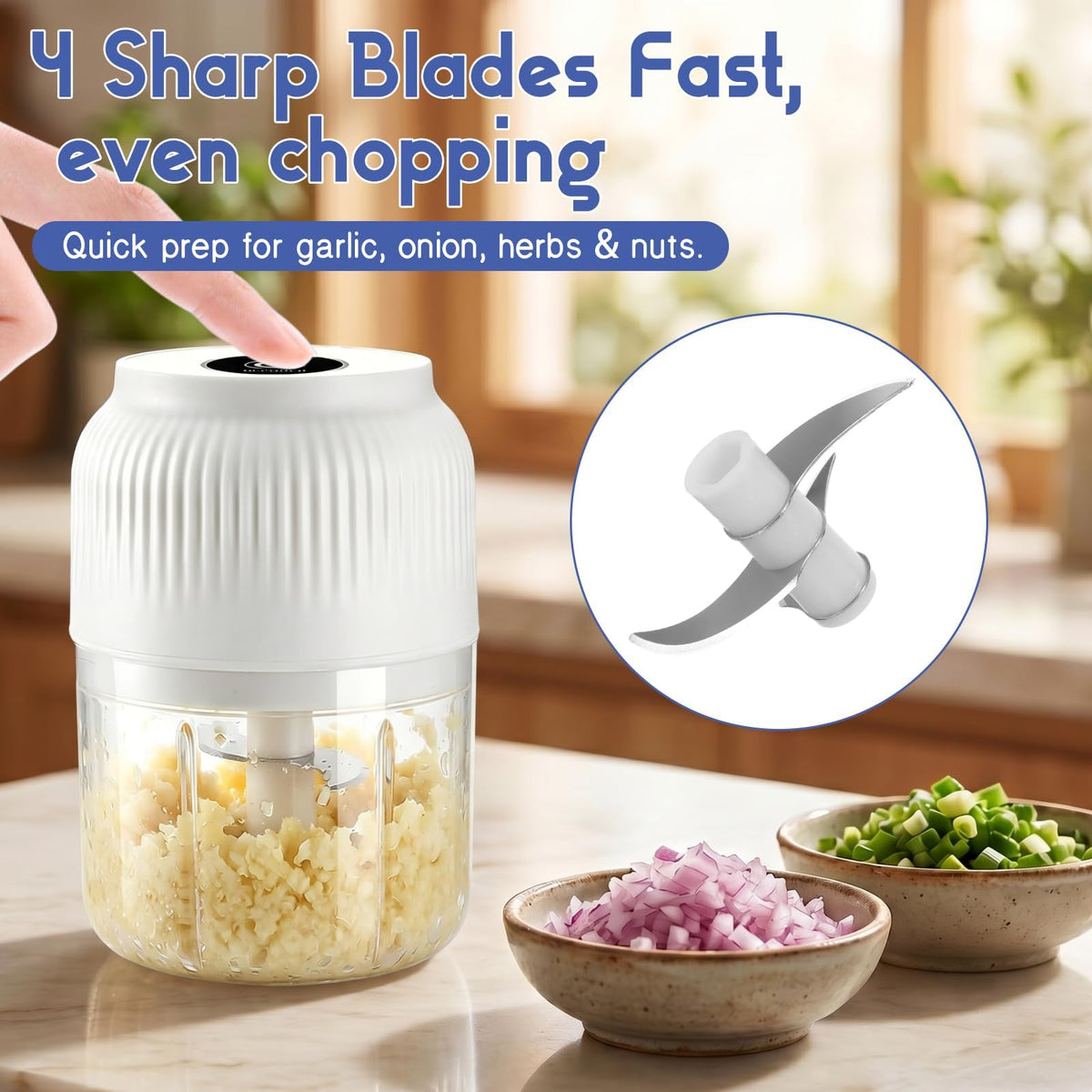 Electric Garlic Chopper, Mini Food Processor, Portable Cordless Garlic Mincer with 4 Stainless Steel Blades, Blue, 300ML G652615