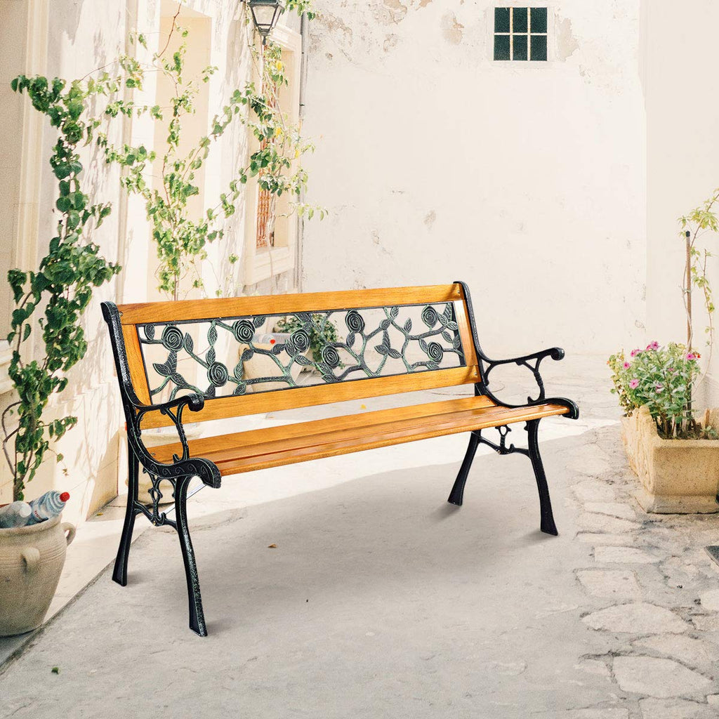 Outdoor Garden Bench with Rose Cast Backrest and Metal Legs T9292