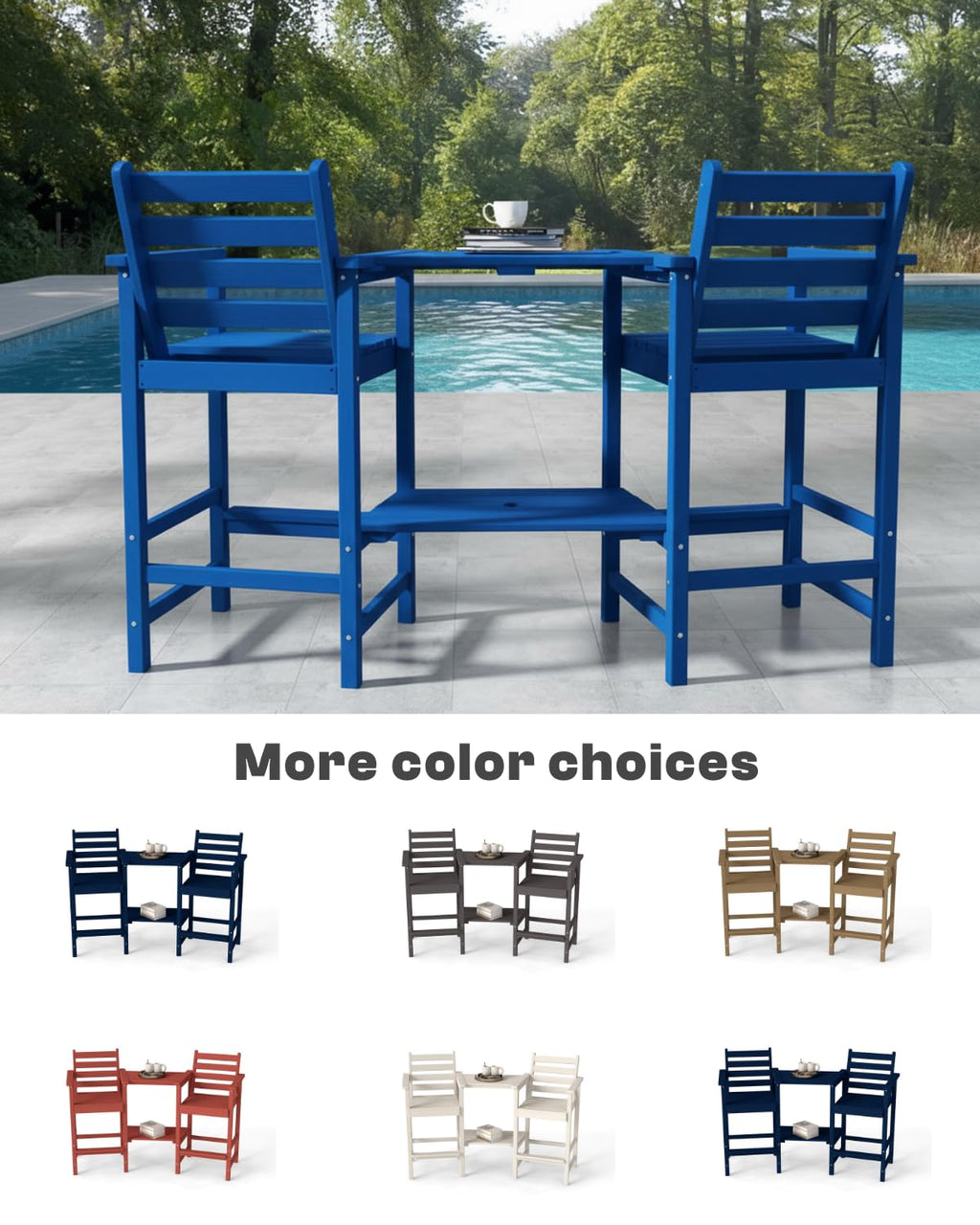 Tall Adirondack Chairs Set of 2, Bar Height HDPE Outdoor Chairs with Connecting Tray & Umbrella Hole, Navy Blue O819188