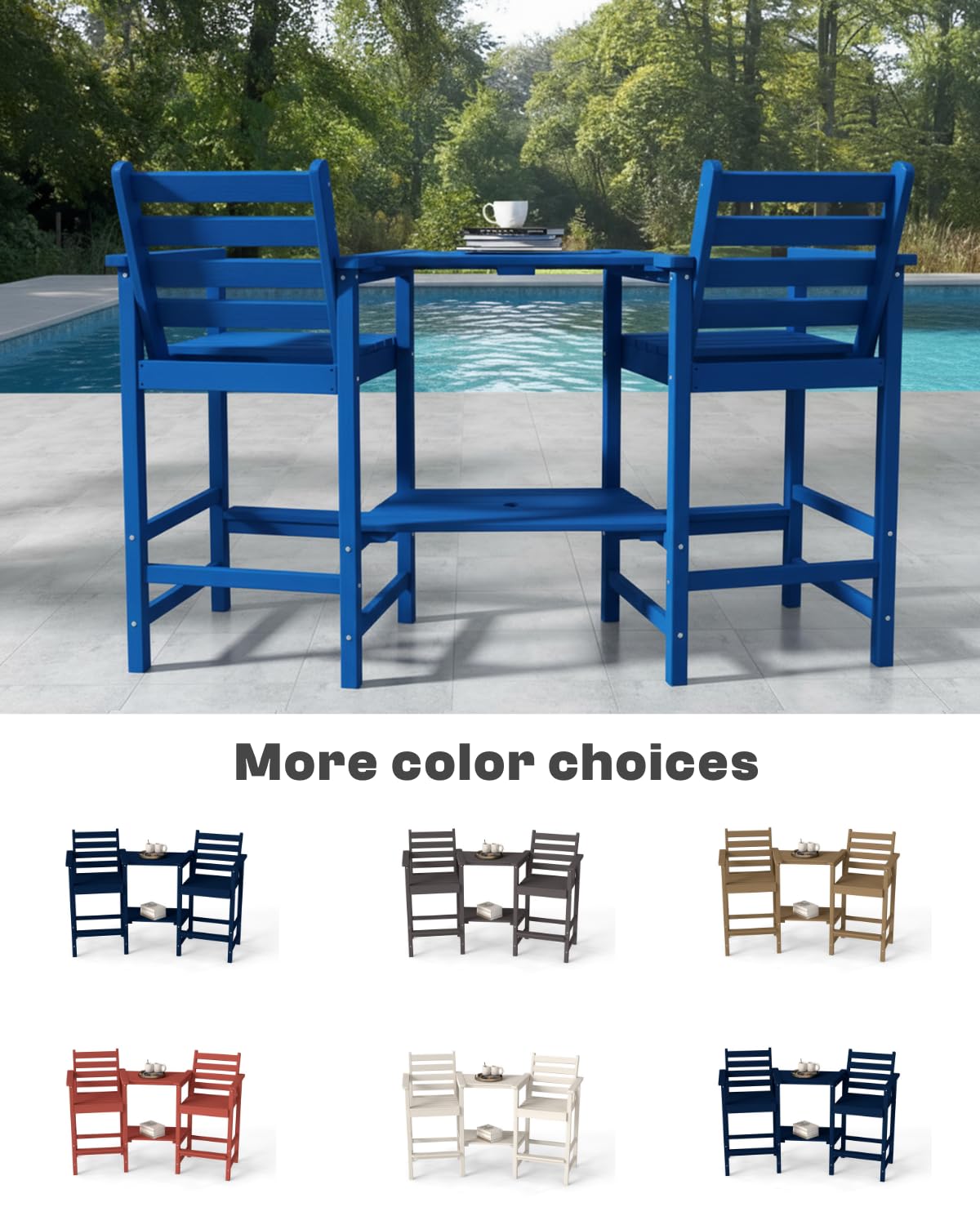 Tall Adirondack Chairs Set of 2, Bar Height HDPE Outdoor Chairs with Connecting Tray & Umbrella Hole, Navy Blue O819188