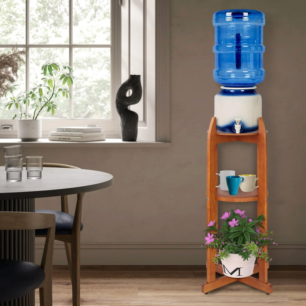 Solid Wood Water Dispenser Floor Stand with 2 Round Shelfs L27371