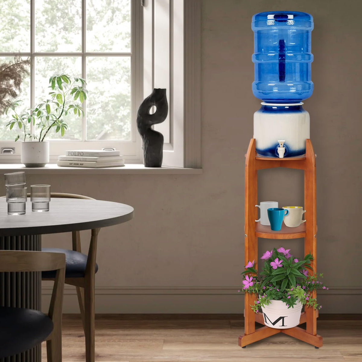 Solid Wood Water Dispenser Floor Stand with 2 Round Shelfs L27371