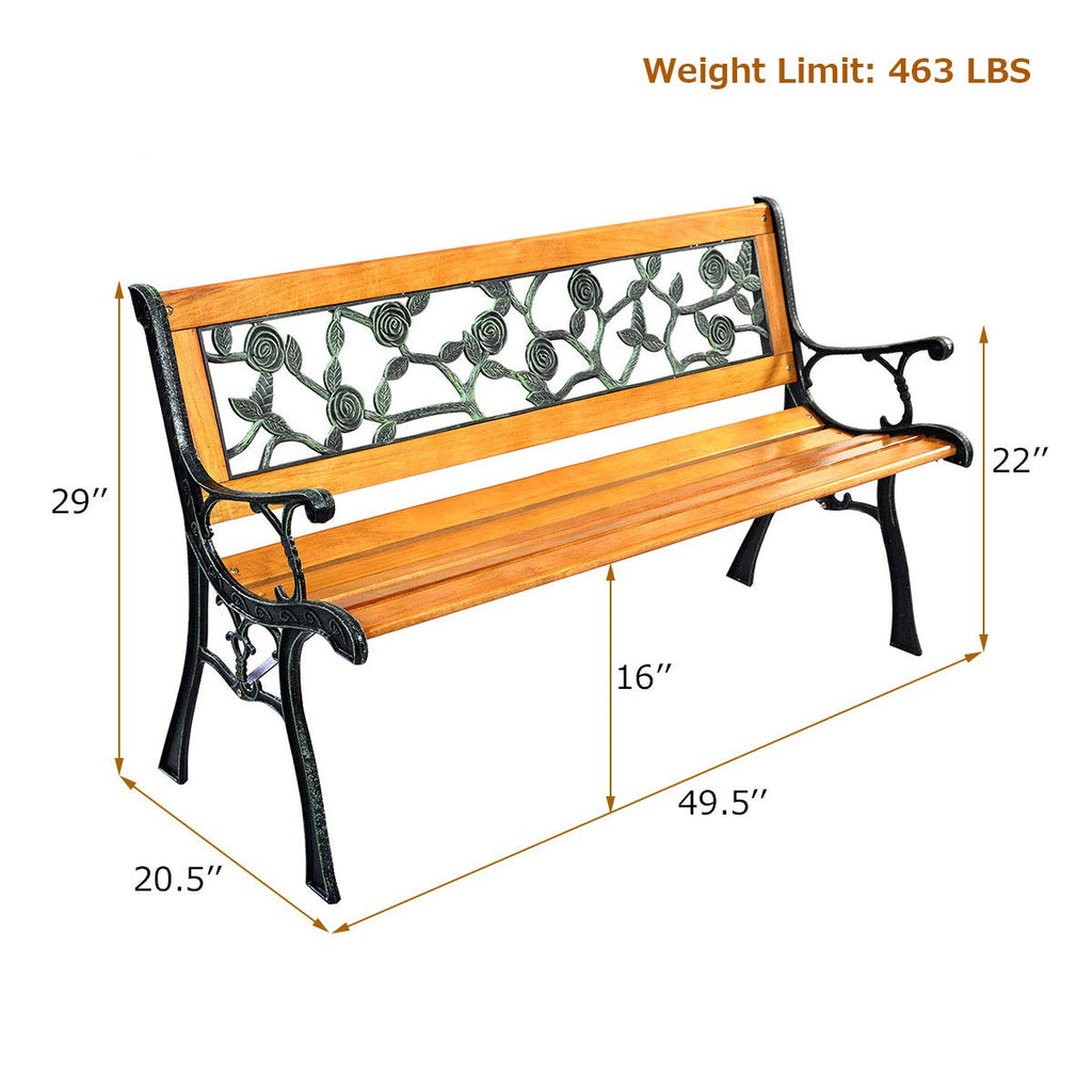 Outdoor Garden Bench with Rose Cast Backrest and Metal Legs T9292