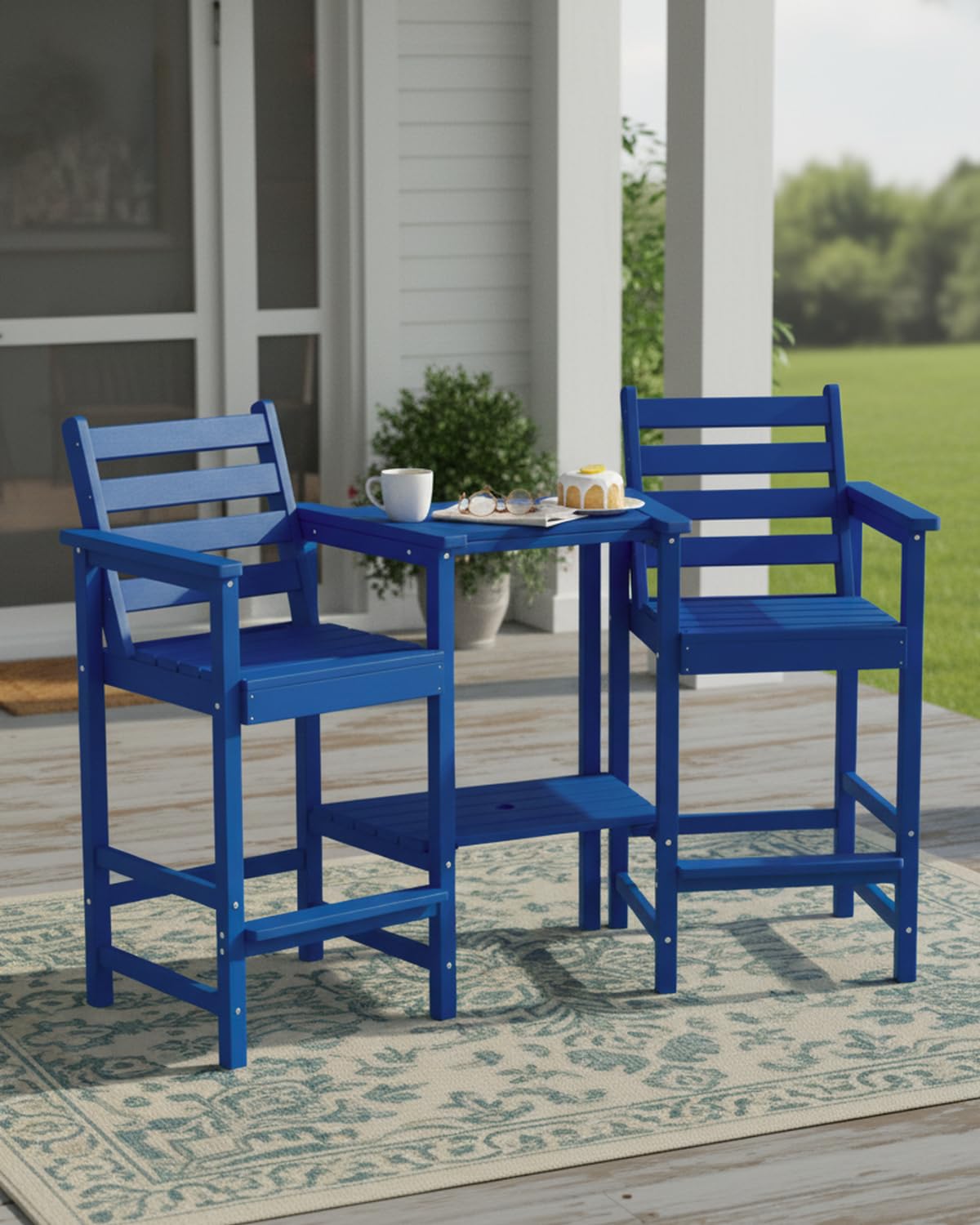 Tall Adirondack Chairs Set of 2, Bar Height HDPE Outdoor Chairs with Connecting Tray & Umbrella Hole, Navy Blue O819188
