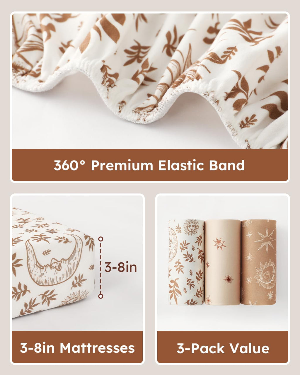 28x52x8in Fitted Crib Sheet 3 Pack Microfiber White Brown N825276