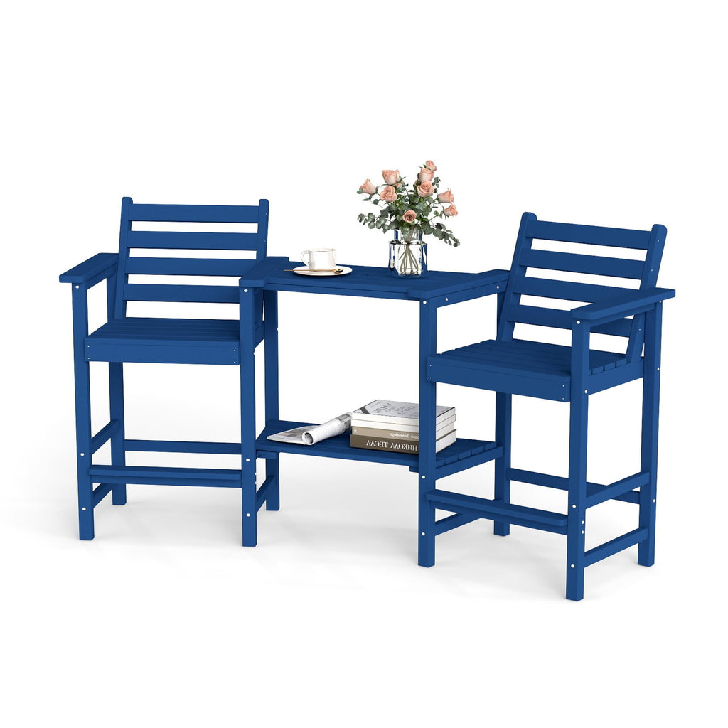 Tall Adirondack Chairs Set of 2, Bar Height HDPE Outdoor Chairs with Connecting Tray & Umbrella Hole, Navy Blue O819188