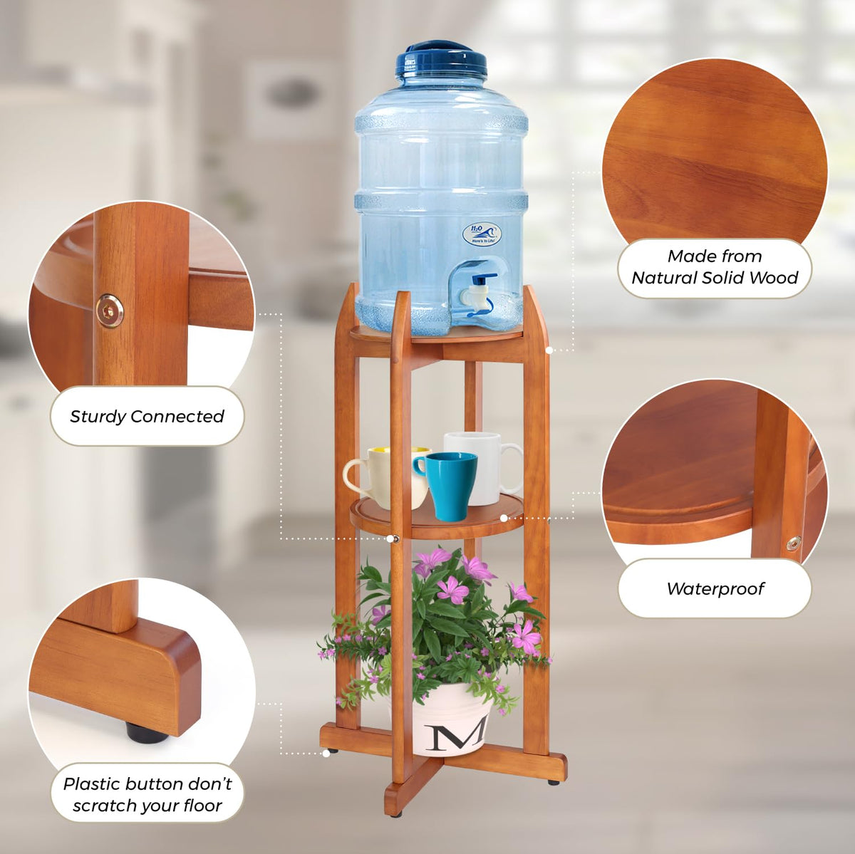 Solid Wood Water Dispenser Floor Stand with 2 Round Shelfs L27371