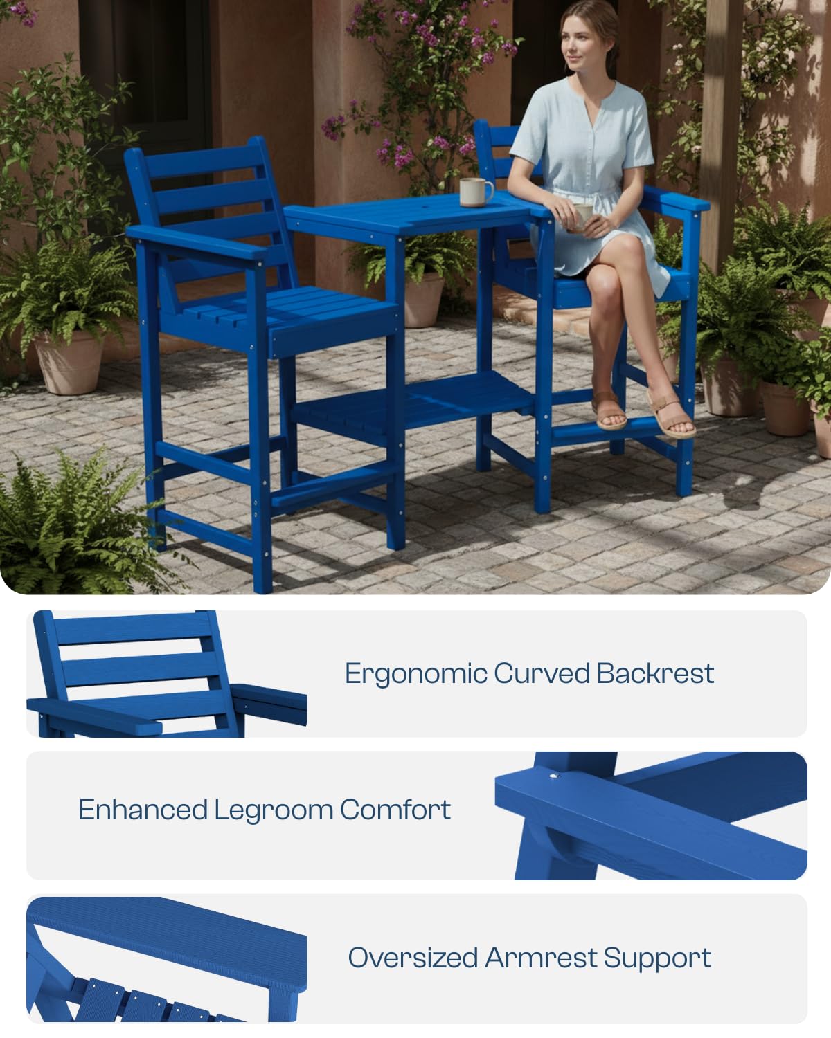 Tall Adirondack Chairs Set of 2, Bar Height HDPE Outdoor Chairs with Connecting Tray & Umbrella Hole, Navy Blue O819188