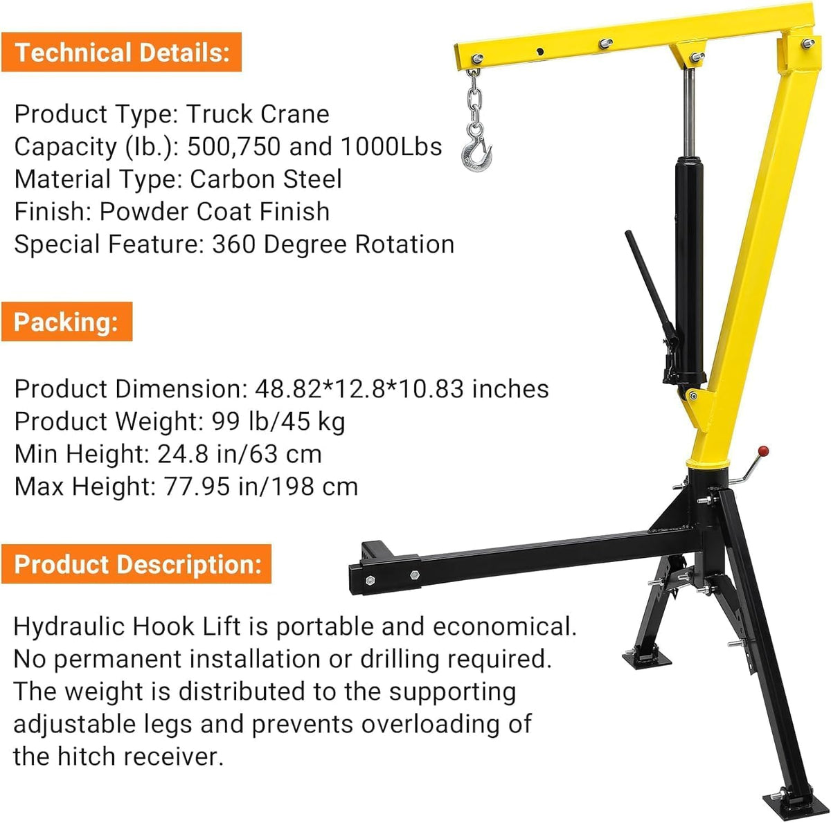 Hydraulic Pickup Crane, 1000 Lbs Lifting Capacity, 360° Swivel K7035