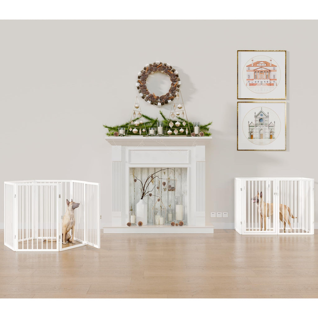 120" x 32" Foldable Freestanding Extra Wide Dog Gate with Door, White T11099