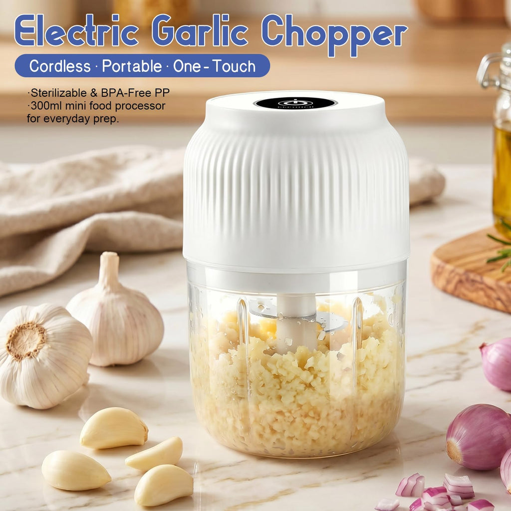 Electric Garlic Chopper, Mini Food Processor, Portable Cordless Garlic Mincer with 4 Stainless Steel Blades, Blue, 300ML G652615