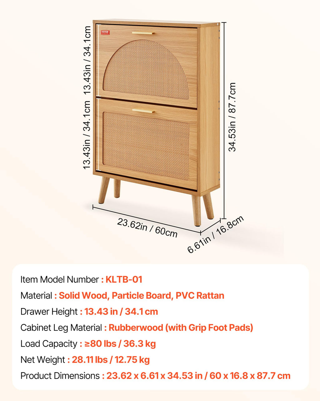 2 Flip Drawers Rattan Shoe Storage Cabinet R1820