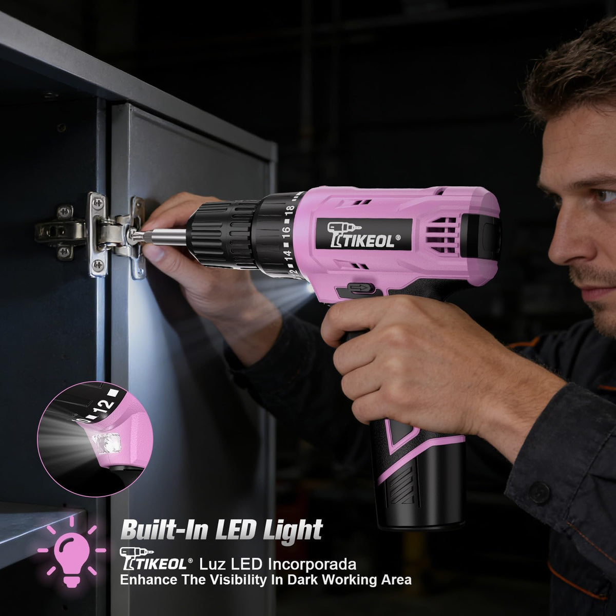 12V Cordless Drill Set with Battery & Charger, 180 In-lbs Torque, 3/8" Keyless Chuck, Pink Q5788