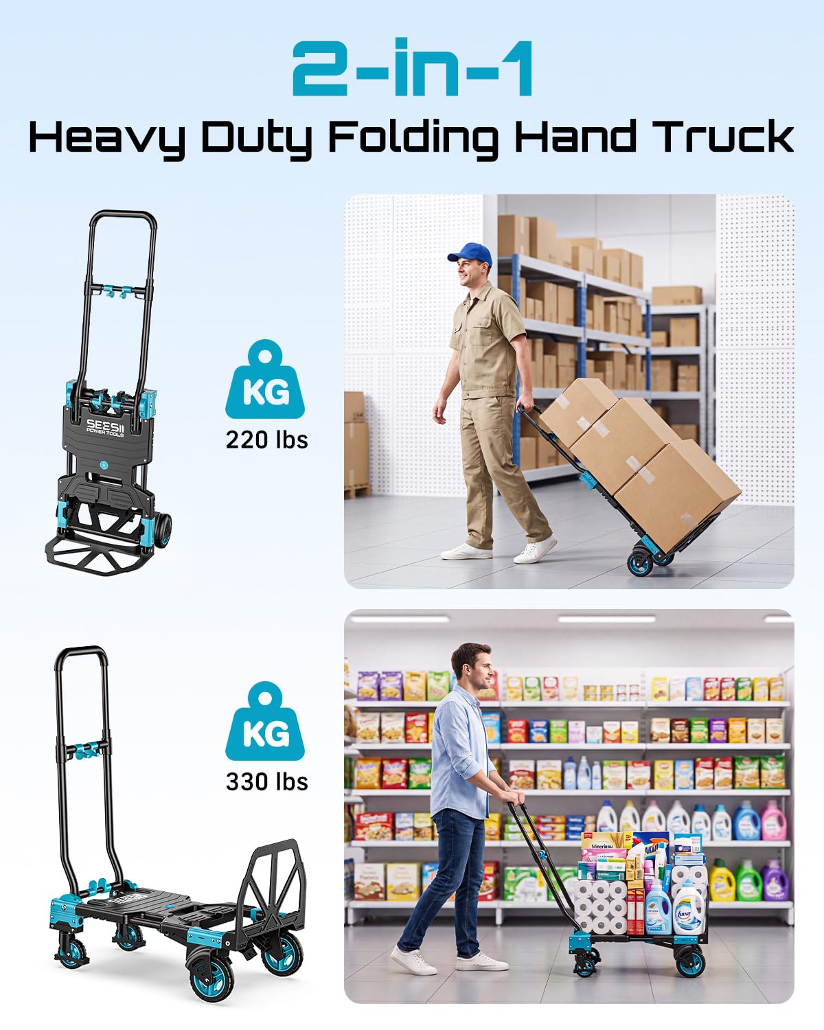 2-in-1 Folding Hand Truck, 330lb Dolly Cart with Wheels, Blue F60307
