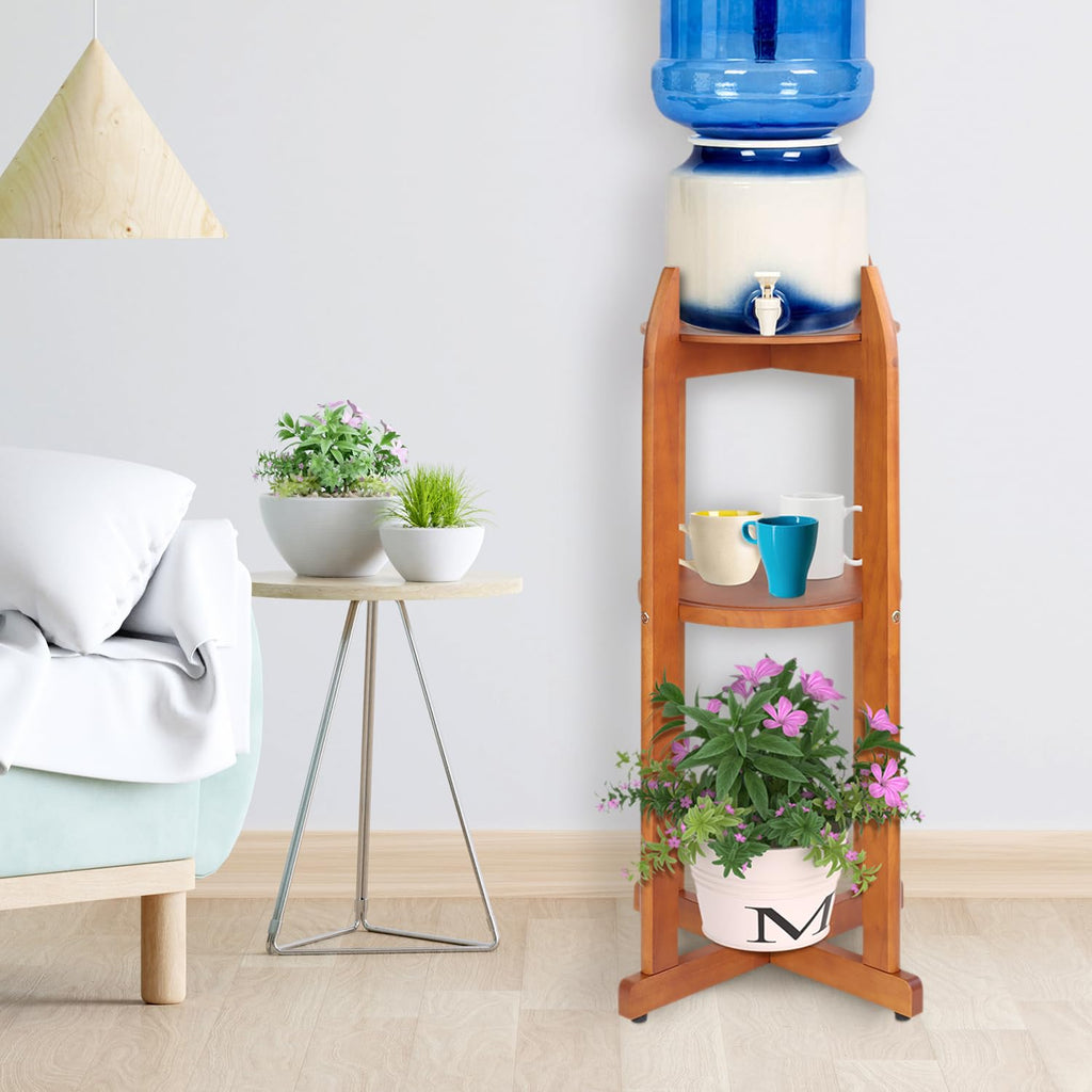 Solid Wood Water Dispenser Floor Stand with 2 Round Shelfs L27371