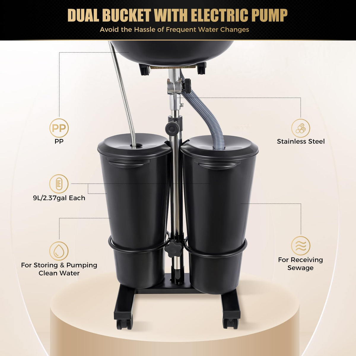 Portable Shampoo Bowl with Electric Pump, 2.64 Gallons, Height Adjustable P185
