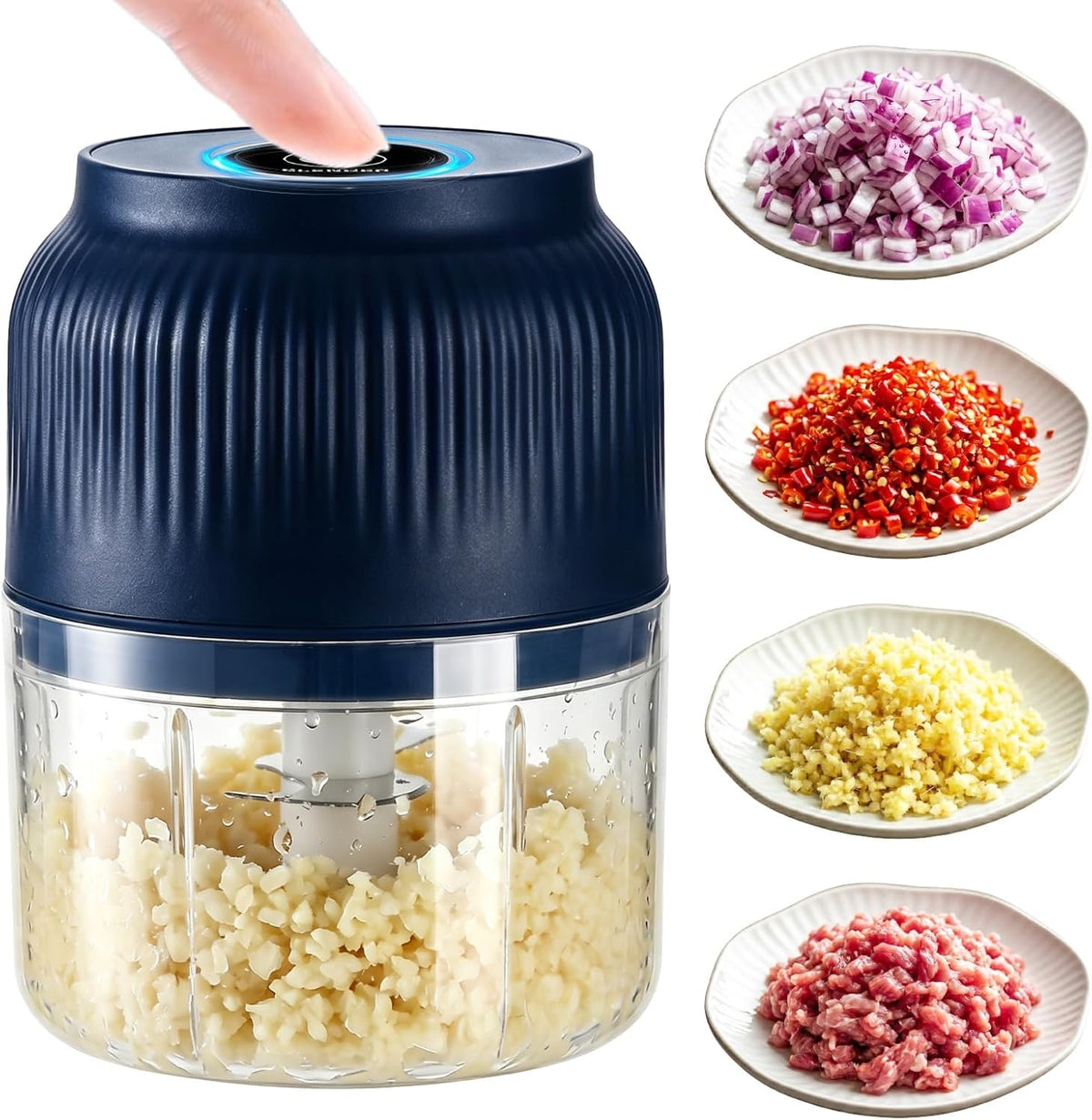 Electric Garlic Chopper, Mini Food Processor, Portable Cordless Garlic Mincer with 4 Stainless Steel Blades, Blue, 300ML G652615