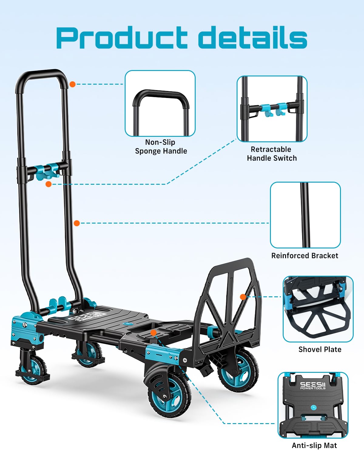 2-in-1 Folding Hand Truck, 330lb Dolly Cart with Wheels, Blue F60307