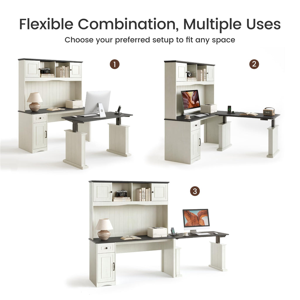 L Shaped Electric Standing Desk with Hutch and Drawers, Antique White V8426