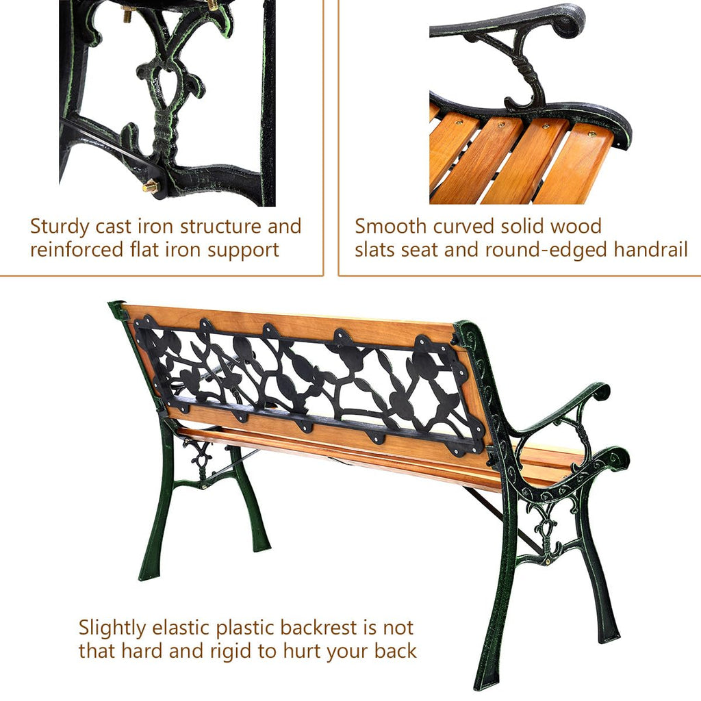 Outdoor Garden Bench with Rose Cast Backrest and Metal Legs T9292