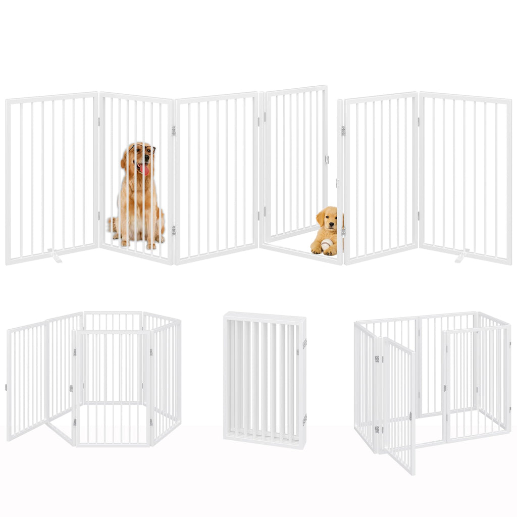 120" x 32" Foldable Freestanding Extra Wide Dog Gate with Door, White T11099