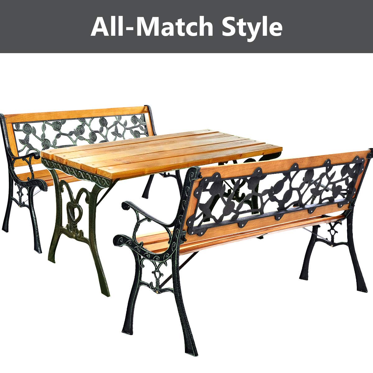 Outdoor Garden Bench with Rose Cast Backrest and Metal Legs T9292