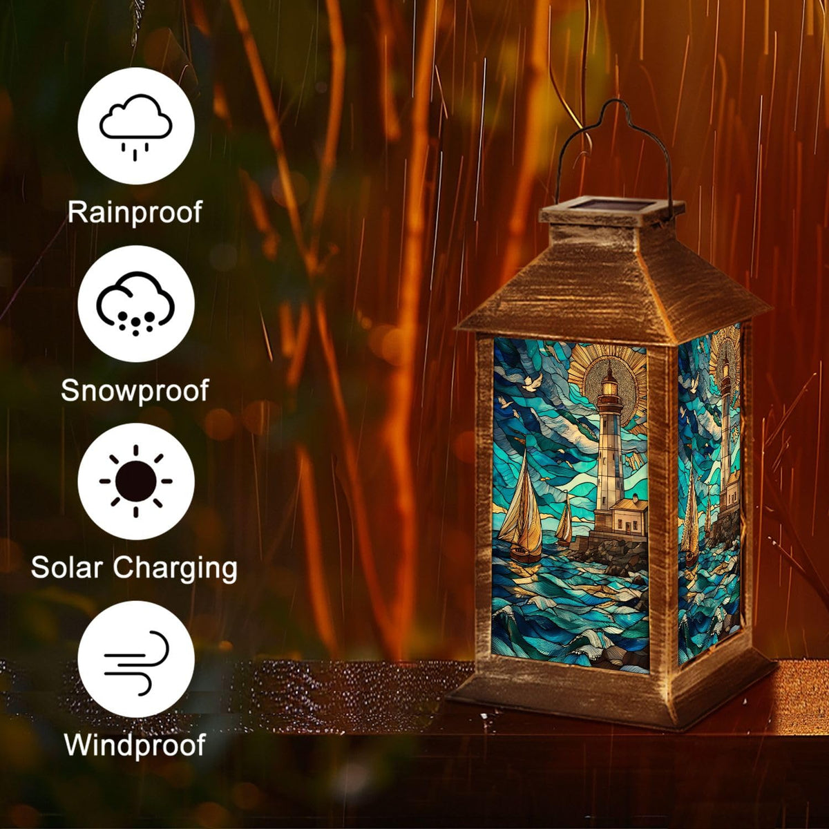 Solar Lantern Stained Glass Outdoor Waterproof Hanging Solar Light E67672