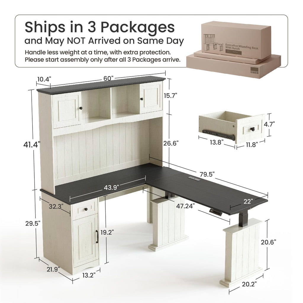 L Shaped Electric Standing Desk with Hutch and Drawers, Antique White V8426