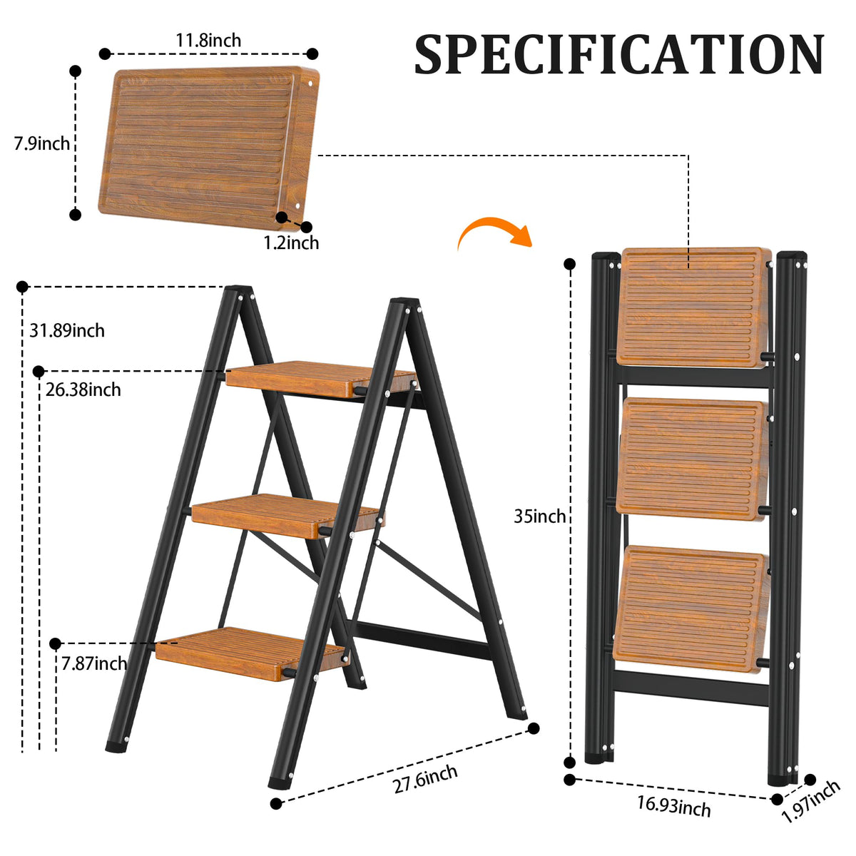 3 Step Lightweight Folding Steel Ladder 330 lbs Capacity V851