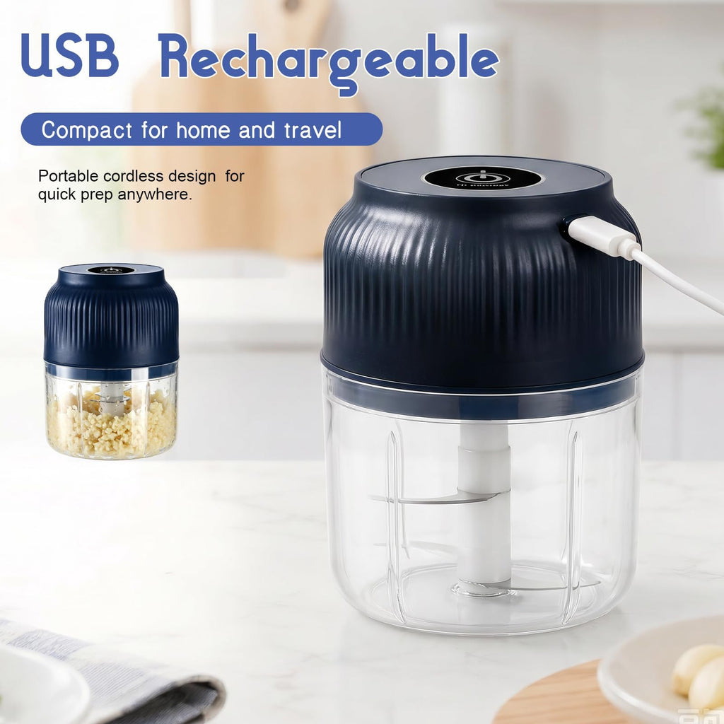 Electric Garlic Chopper, Mini Food Processor, Portable Cordless Garlic Mincer with 4 Stainless Steel Blades, Blue, 300ML G652615