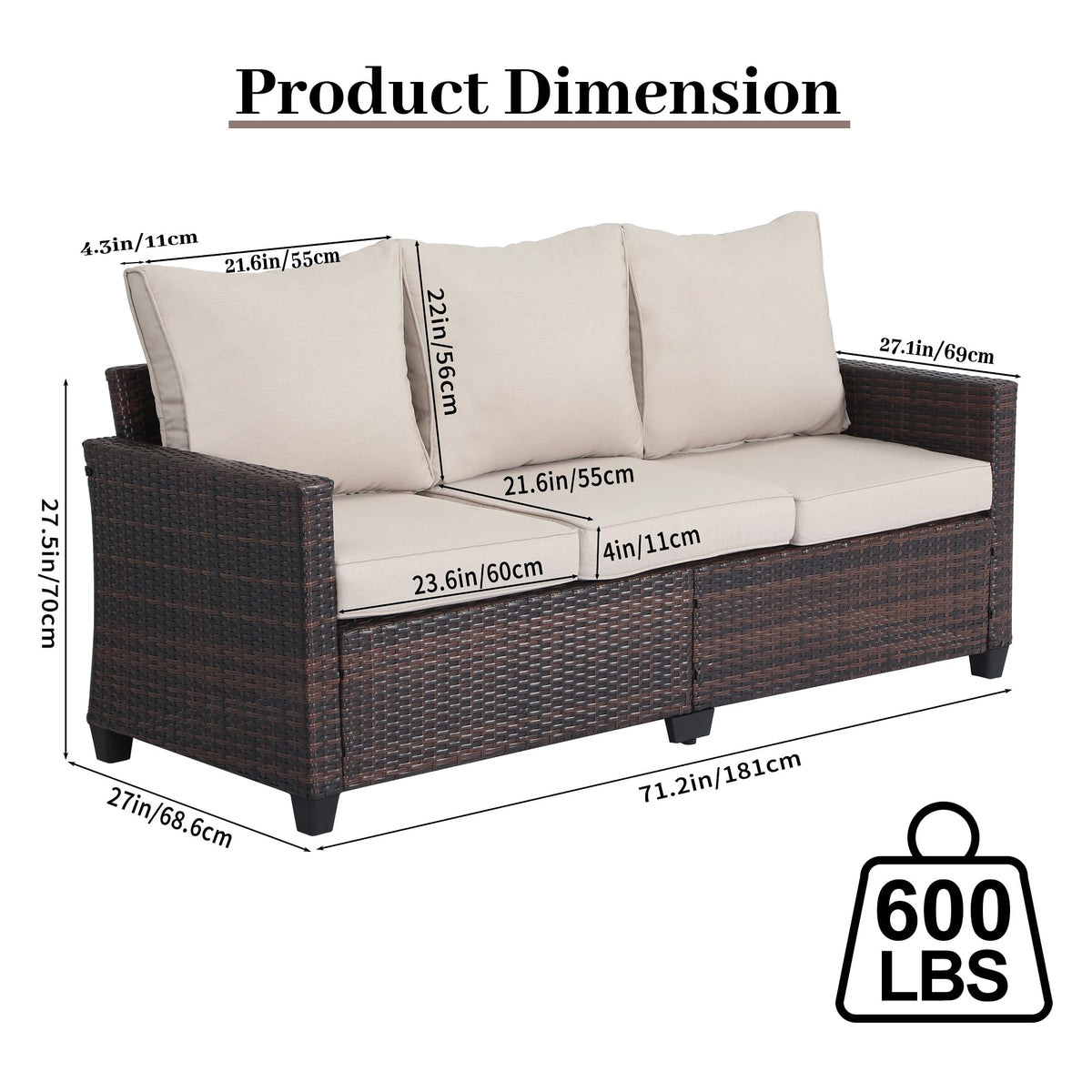 Rattan 3-Seater Outdoor Sofa with Blue Cushions I88623