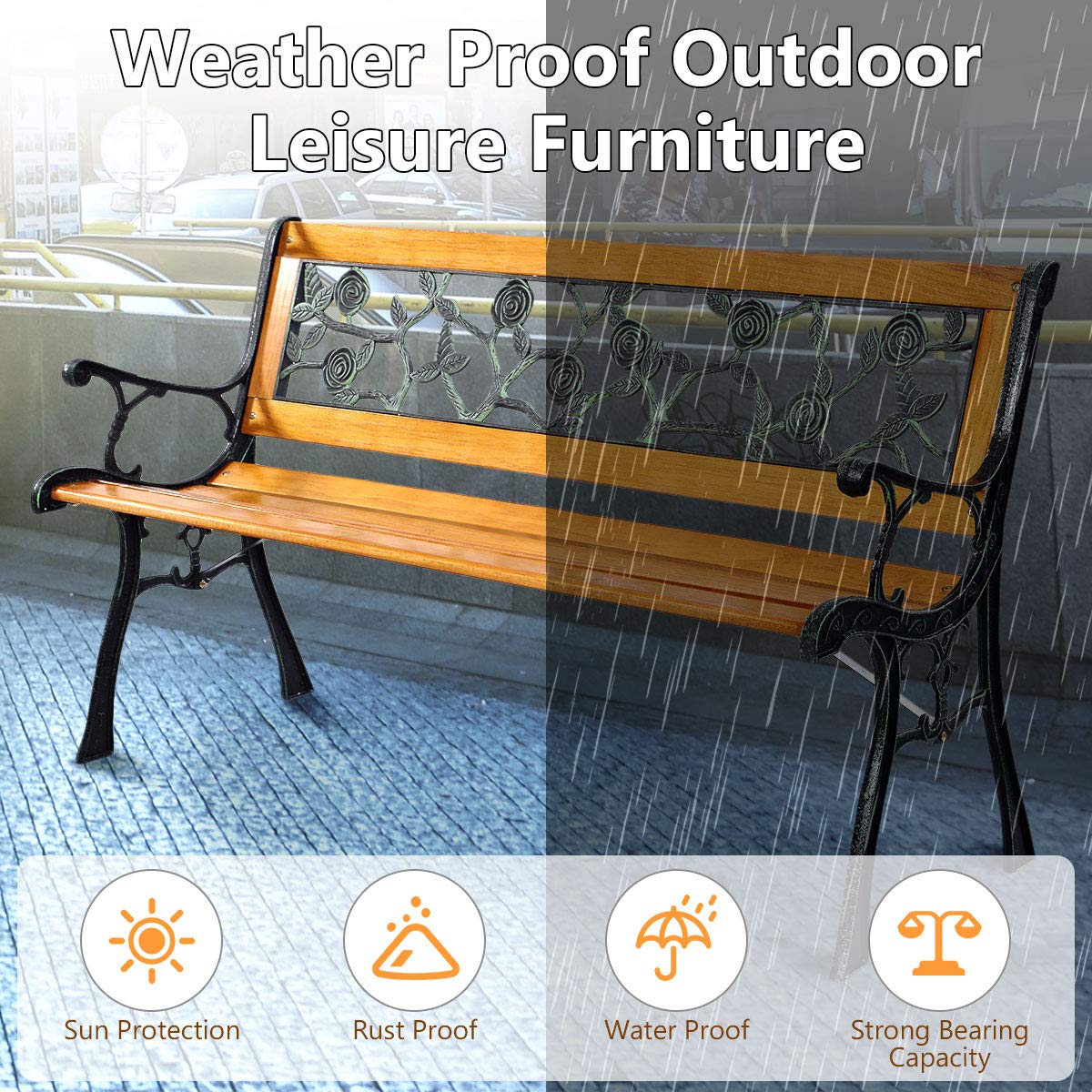 Outdoor Garden Bench with Rose Cast Backrest and Metal Legs T9292