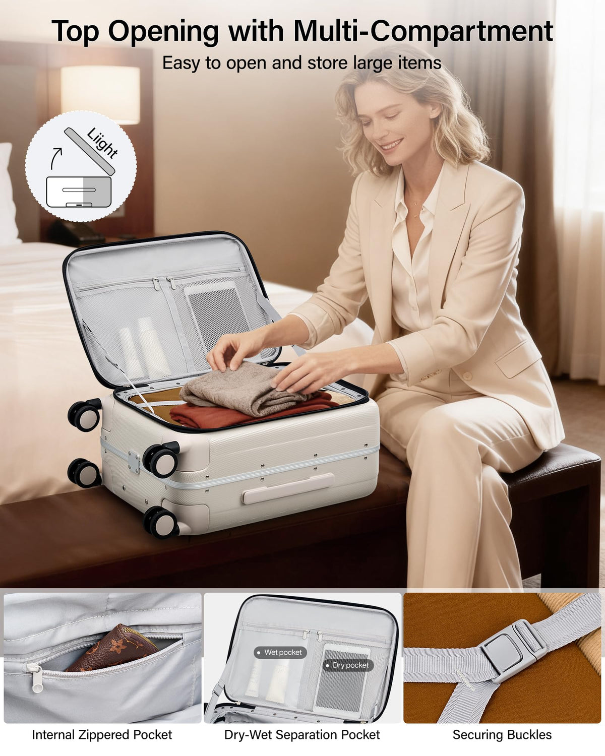 20 Inch Carry On Luggage with Wheels PC Hard Shell Suitcase N7456