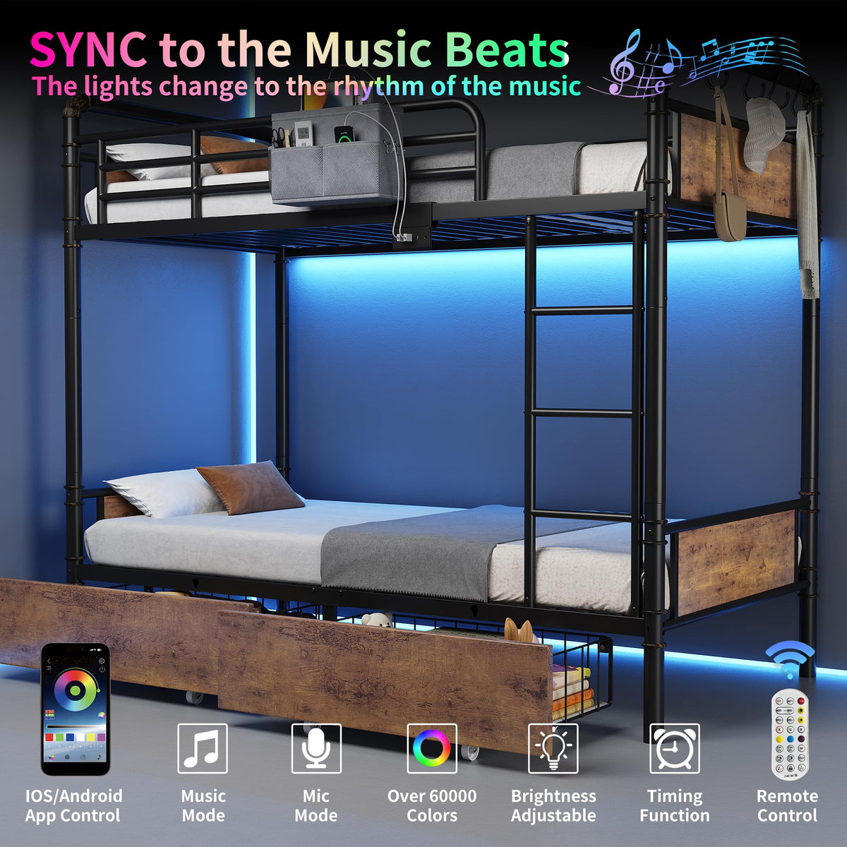 Metal LED Bunk Bed Twin Over Twin with 2 Storage Drawers T922939