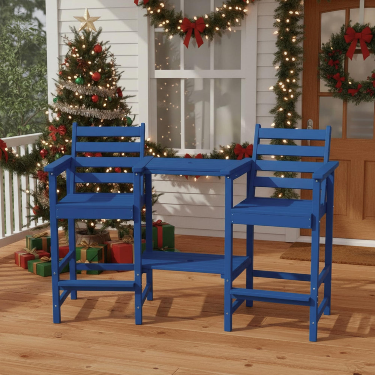 Tall Adirondack Chairs Set of 2, Bar Height HDPE Outdoor Chairs with Connecting Tray & Umbrella Hole, Navy Blue O819188