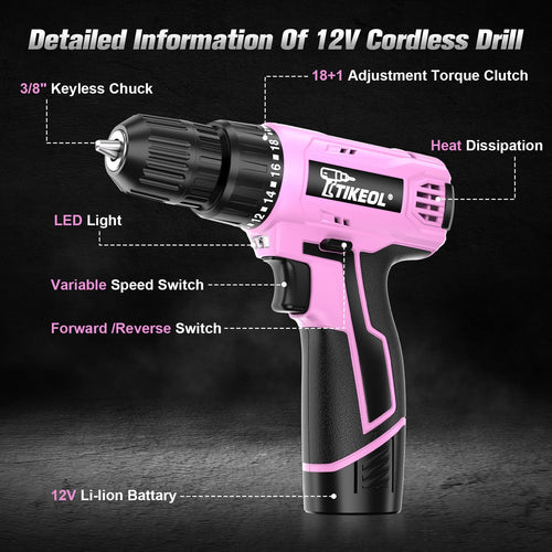12V Cordless Drill Set with Battery & Charger, 180 In-lbs Torque, 3/8" Keyless Chuck, Pink Q5788