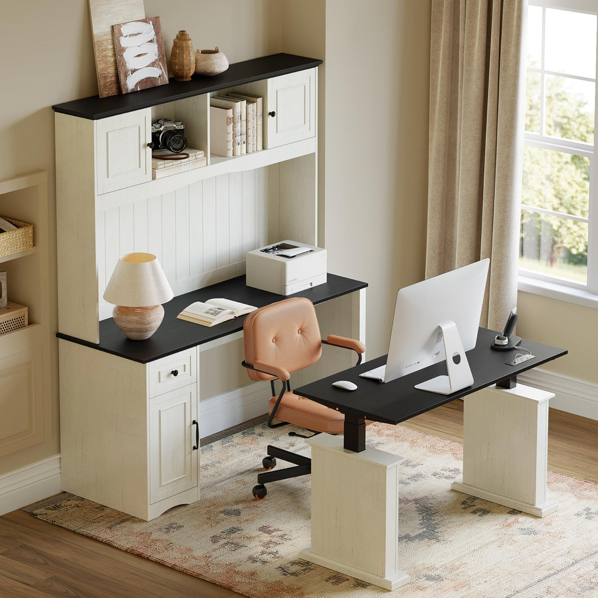 L Shaped Electric Standing Desk with Hutch and Drawers, Antique White V8426