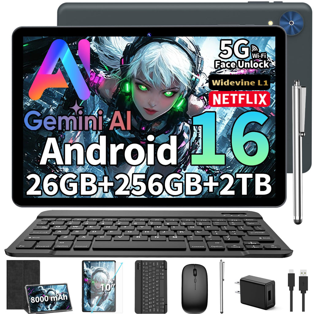 Android 16 Tablet with Keyboard, 10 Inch Tablet, Black Case B903
