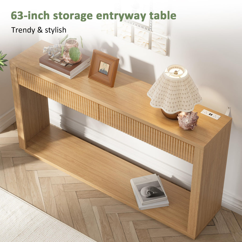 63 Inch Oak Console Table with 2 Drawers H6549